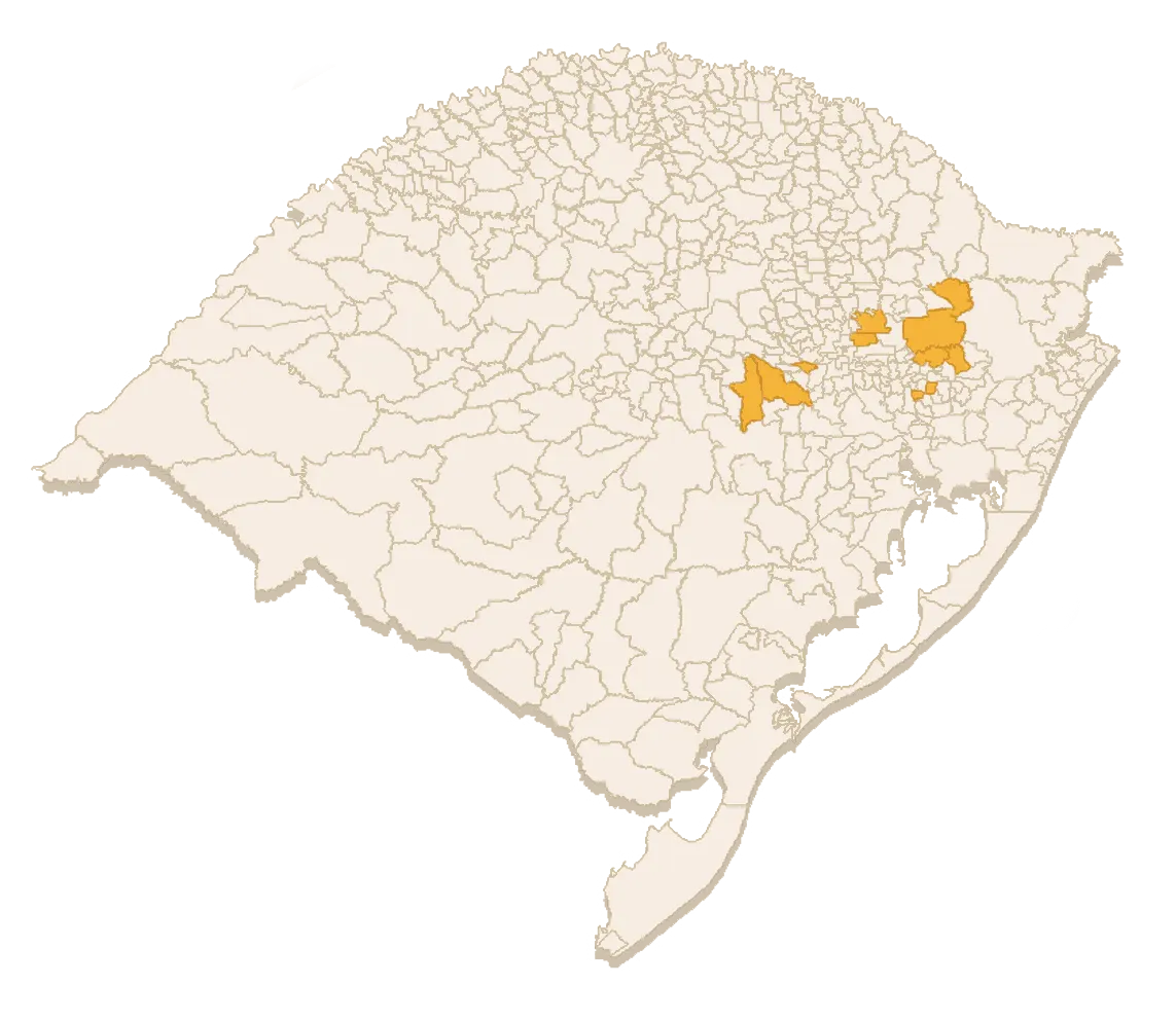 Mapa com cidades que possuem franquias Vithall no Rio Grande do Sul